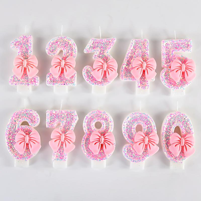 3D Number Cake Decorating Candles Cute Pink Bow Baby Girl Birthday Cake Topper Decor Wedding Party Supplies 0-9 Digital Candle