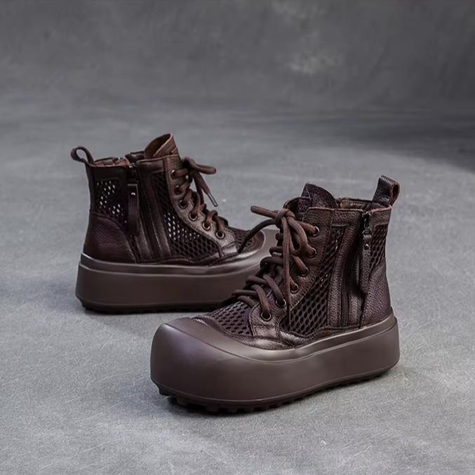 Johnature Retro Breathable Mesh Hollow Out Boots Genuine Leather Women's Flat Platform Shoes