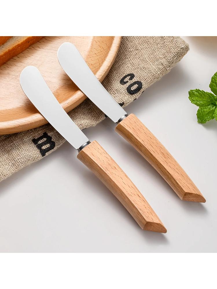 1/2pcs Stainless Steel Butter Knife Western Cutlery Bread Jam Knife Wooden Long Handle Butter Spatula Pastry Knife Cream Scraper