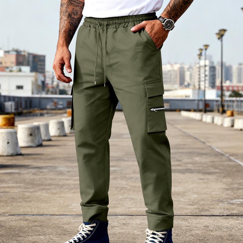 Mens Casual Solid Color Cargo Pants Multi Pocket Drawstring Joggers S зелёный