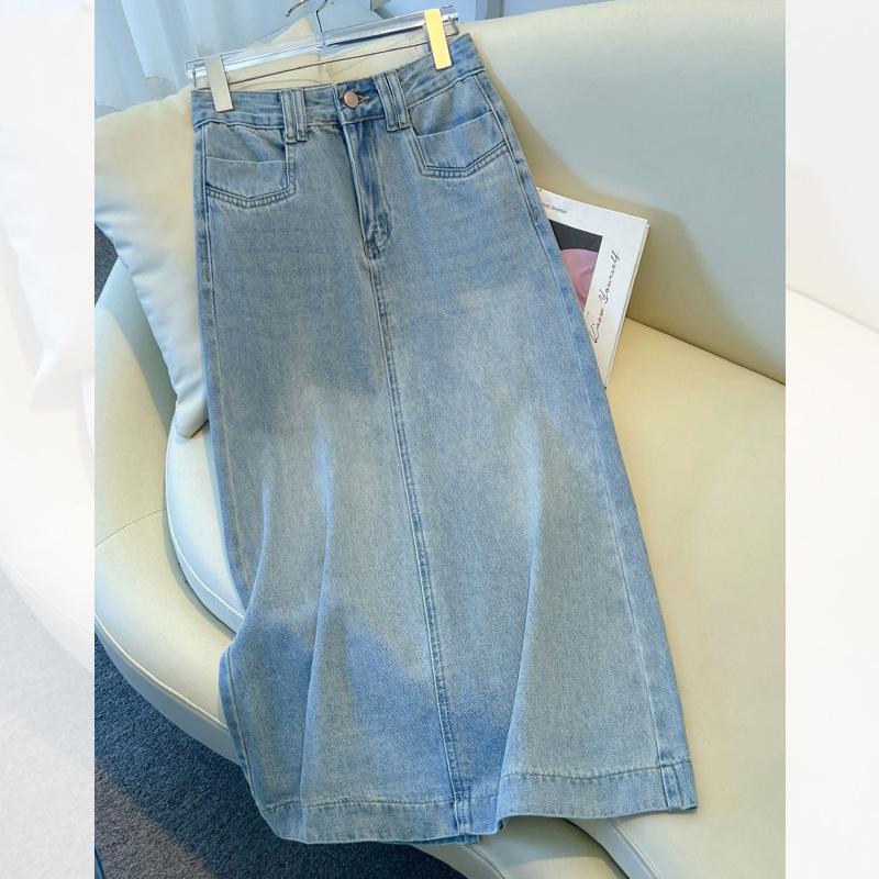 

Женская светло-голубая джинсовая юбка миди с высокой посадкой, задним разрезом и приталенным А-силуэтом для весны и осени 2025 28/L (105-115 jin) светло-синий