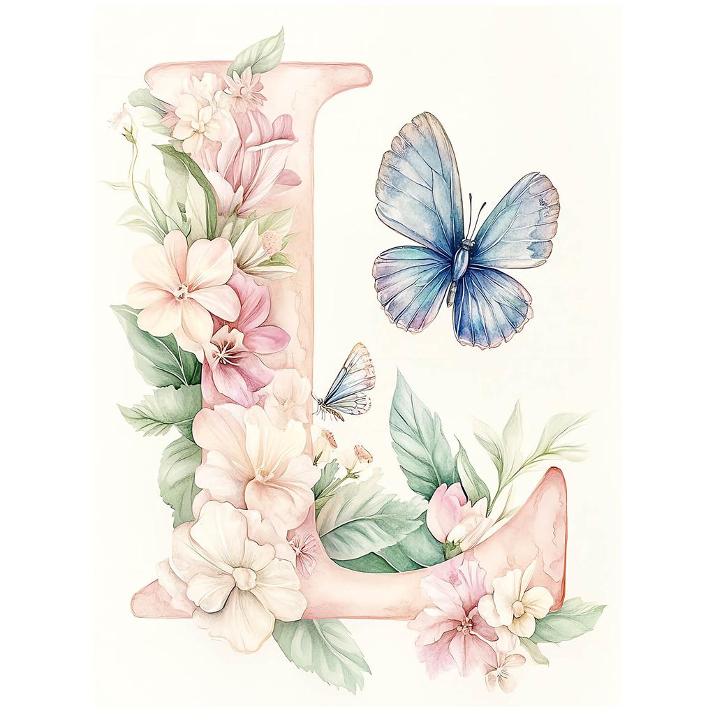 Plakat Literowy "L" Z Kwiatami I Motylem Plakat Literowy "L" Z Kwiatami I Motylem, 70X100 Cm, Rama Drewniana Jasny Dąb, Papier Matowy 230 Gsm