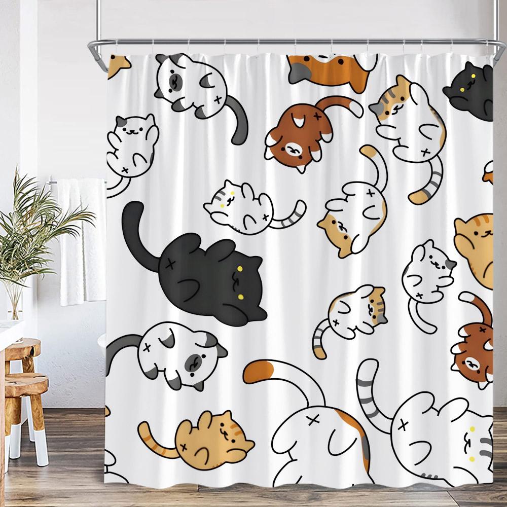 Cat Shower Curtain Cartoon Animal Potted Plant Greenery Black Cat Abstract Nordic Bathroom Decor Minimalist Bathtub Curtain