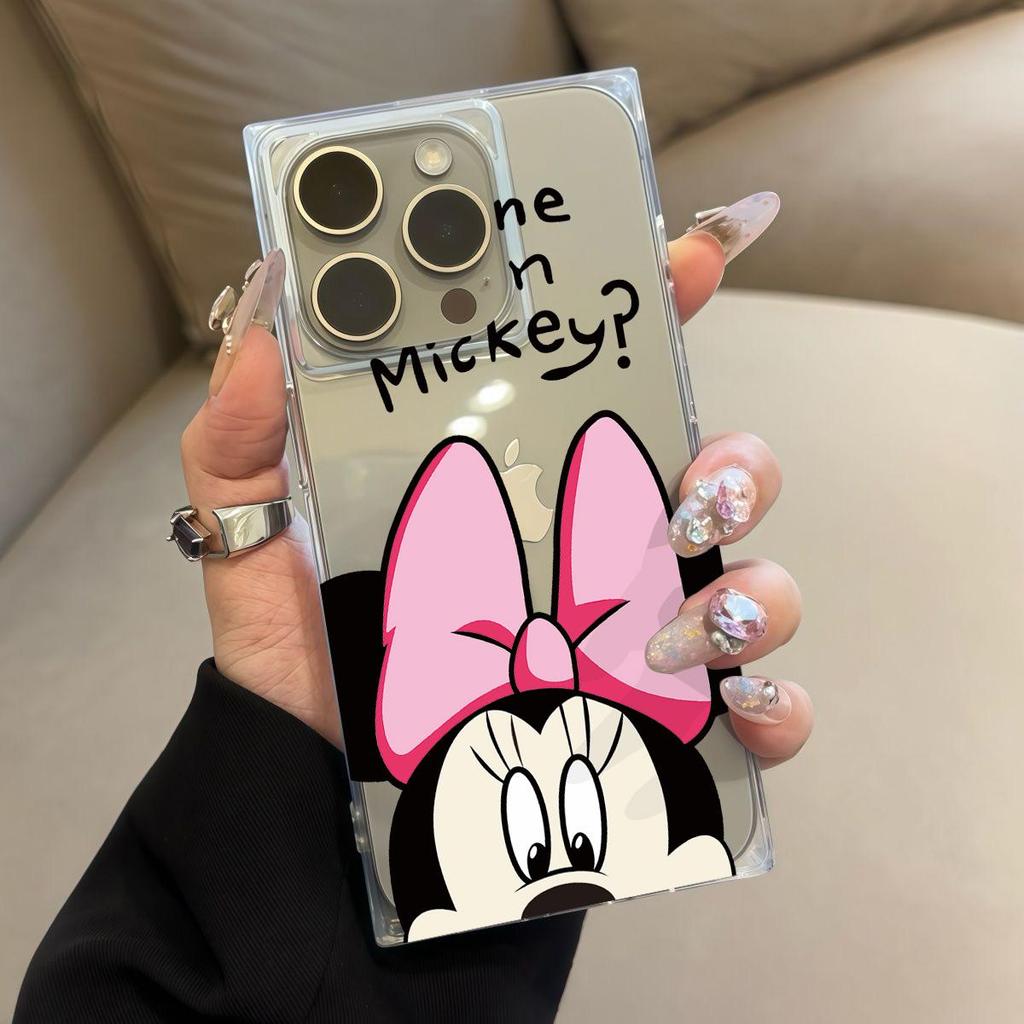 Clear Square Back Tube Case Protection For iPhone 12 11 14 Pro Max 13 15 Plus 16 ProMax Minnie Pattern
