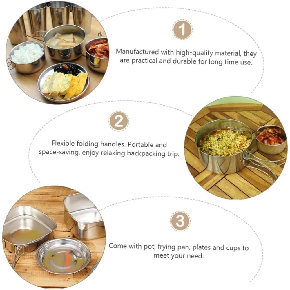 Camping 6-piece tableware set, cooking kit, lightweight stainless steel cookware, foldable pot, bowl and cup set