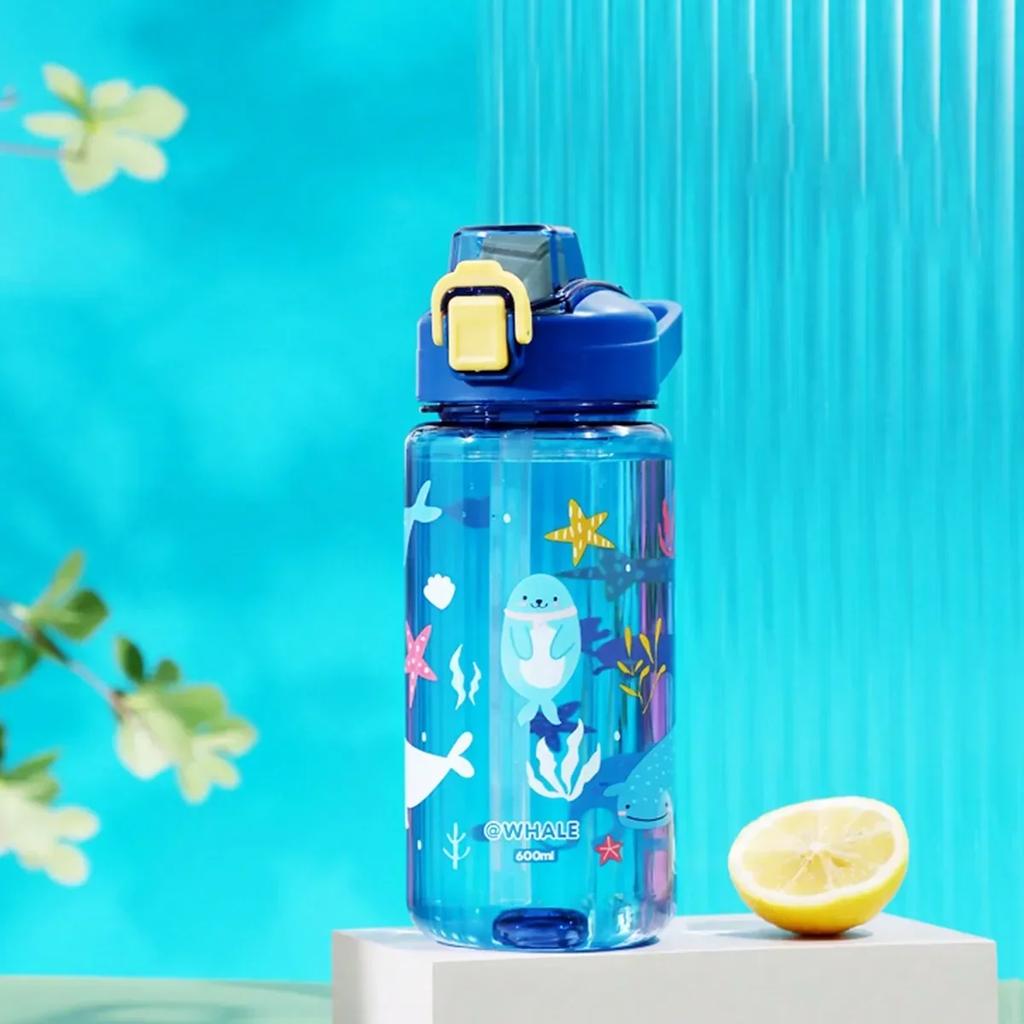 600ML Kinder Cartoon Tier Wasserflasche Tasse mit Strohhalm Tragbare Studenten Anti-Fall Wasserflasche Kleinkinder Getränkekessel