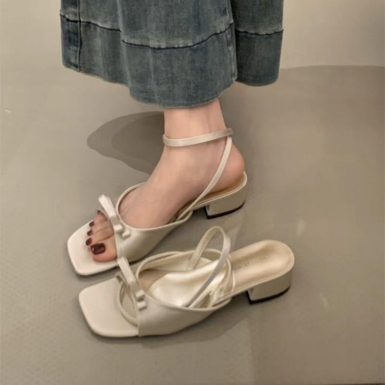 With skirt fairy style bow word with open toe sandals women summer 2025 new French stunning high heels