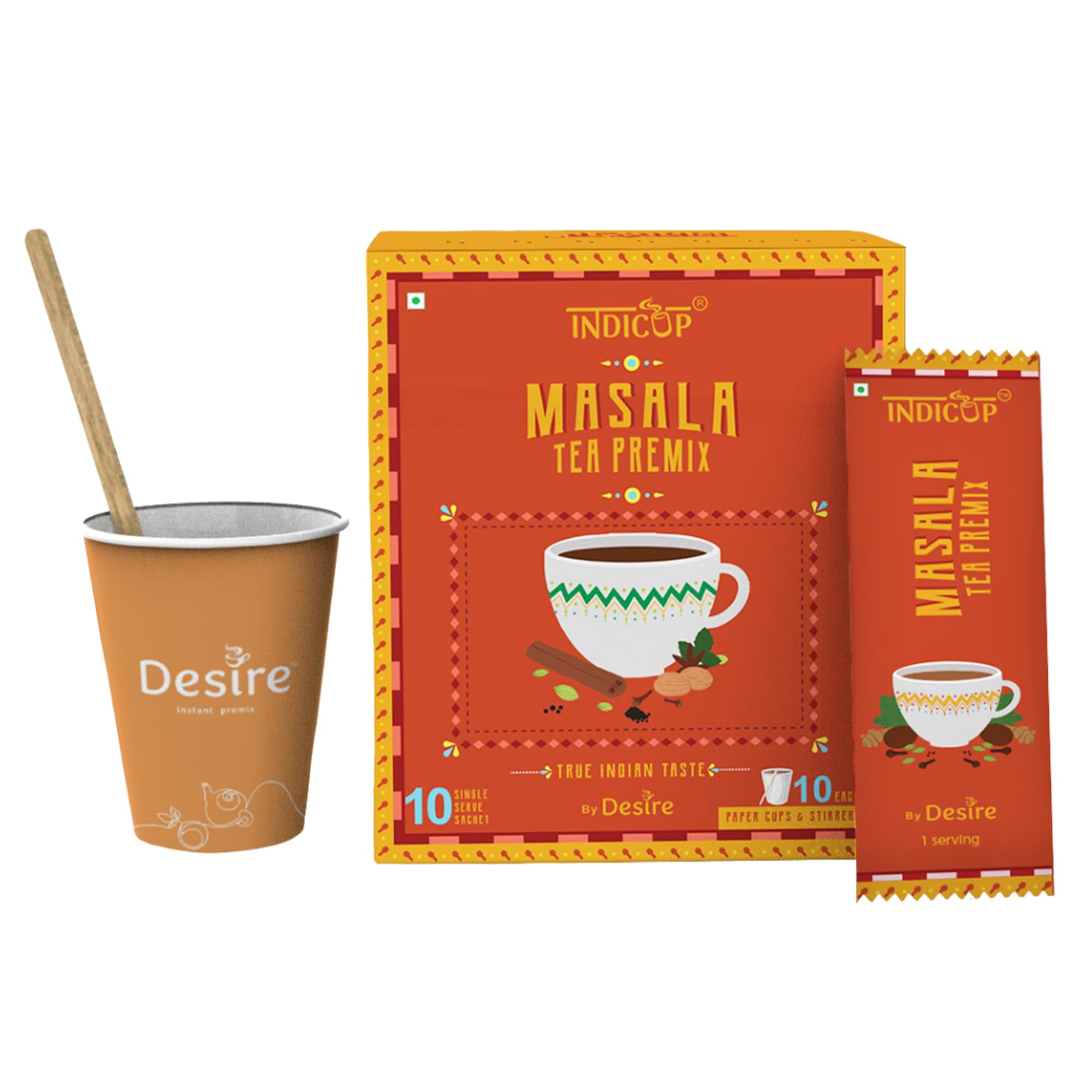 Indicup Instant Tea Premix Masala Chai Powder Sachets with Stirrers | Premix Tea for Travel Friendly Office Use | Masala Tea Infused with Carda