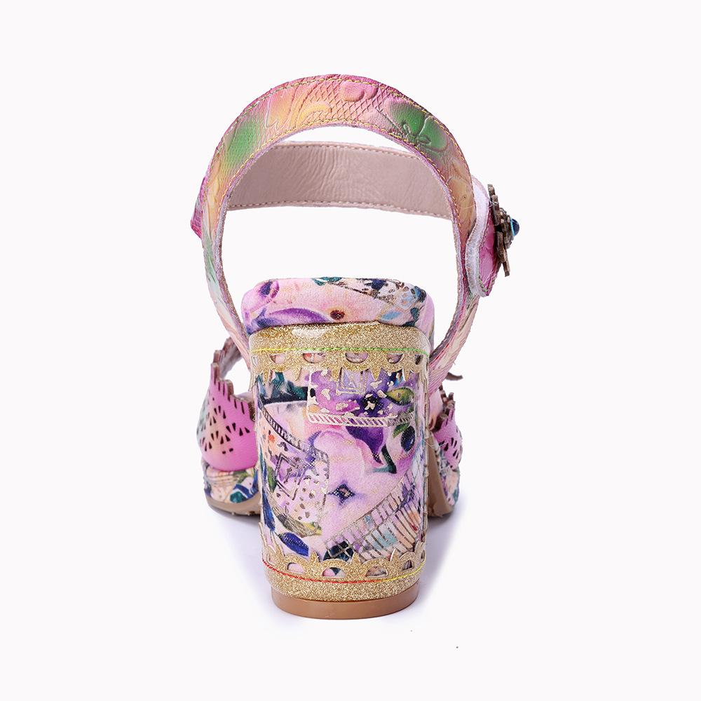 Johnature Genuine Leather Retro Baroque Style Hollow-out Carved Flower High-heeled Sandals