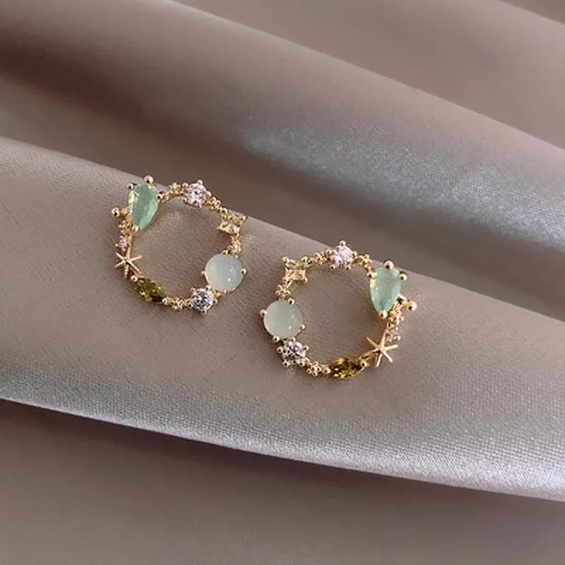 New Korean Classic Round Pink Green Crystal Stud Earrings for Women Sweet Flower Cirlce Jewelry Fashion Brincos Creative Gifts