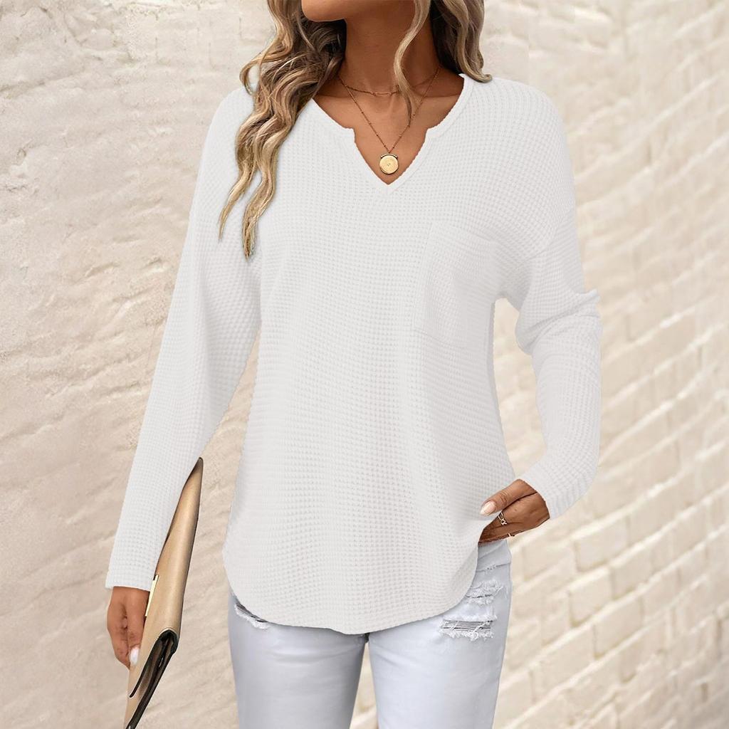 Women's Loose And Comfortable Solid Color Casual Fashion Long Sleeved V-neck Pocket Top