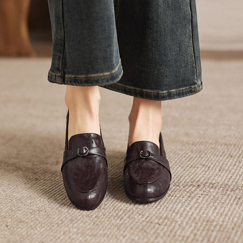 Krazing Pot Sheepskin Round Toe Thick Med Heels Spring Shoes Slip On Big Size 42 Loafers Women Pleated Beauty Pumps