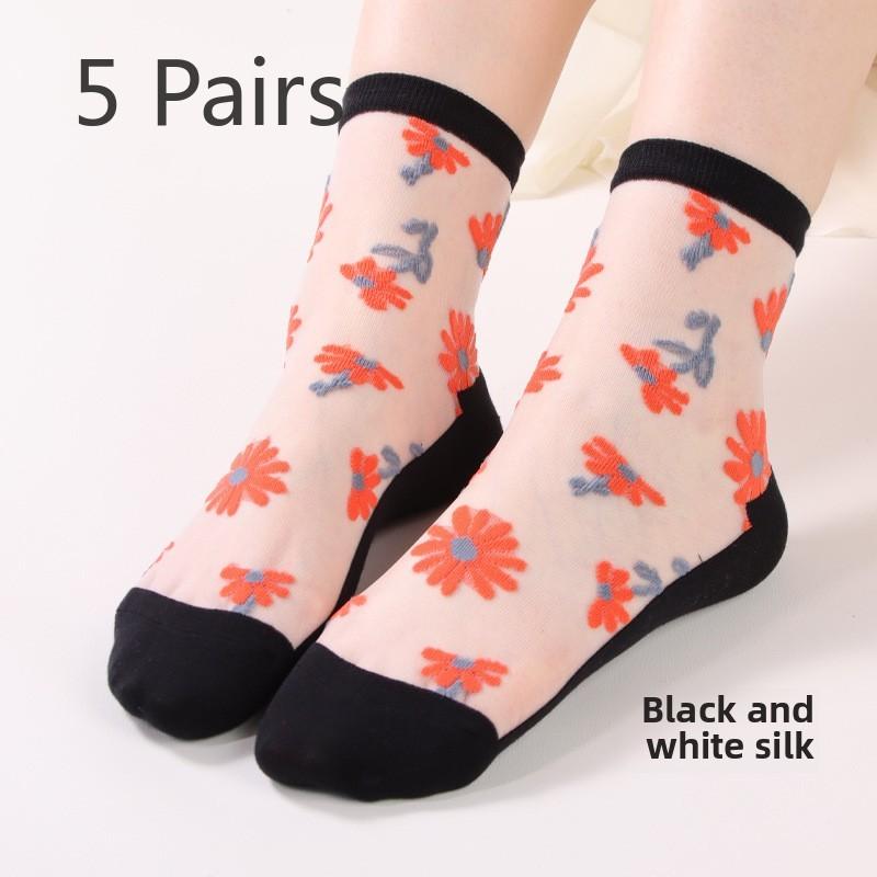 

5 пар летних ультратонких модных женских носков с ромашками, прозрачные шелковые женские носки с кристаллами для детей 5 Pairs чёрный/белый