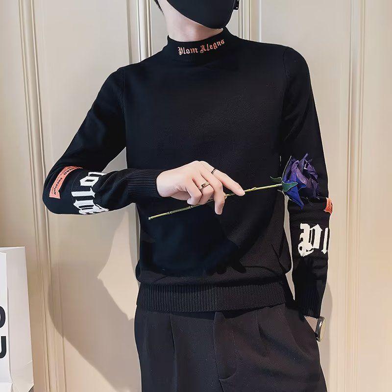Autumn Winter Men's Korean Fashion Letter Embroidery Basic Knitted Sweater Male Half High Collar Long Sleeve Slim Pullover Tops