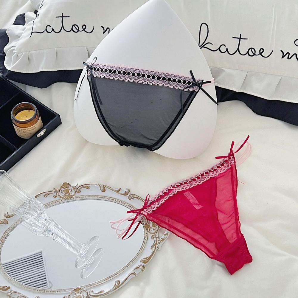 Sexy Damen-Slips Tanga mit Schleife Spitze Jacquard Netz Dünn Transparent Belüftet Niedrige Taille Unterwäsche Der Stoff Ist Bequem Und Weich