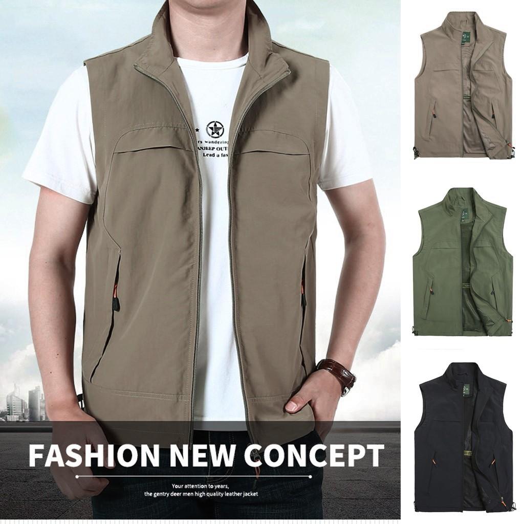 Fashion Men Casual Solid Outdoor Quick-drying Vest Jacket Tops Blouse