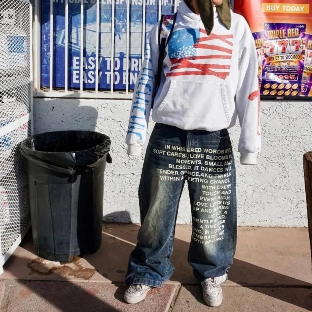 ZYLLO Vintage Letter Print Women Man Jeans Y2k Harajuku Washed Wide Leg American Style Denim Pants Baggy Hip Hop Streetwear
