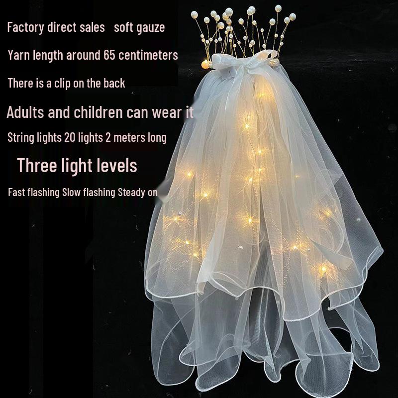 Beleuchteter Quasten-Krone-Schleier mit Perlen und Schleifen-Kopfschmuck