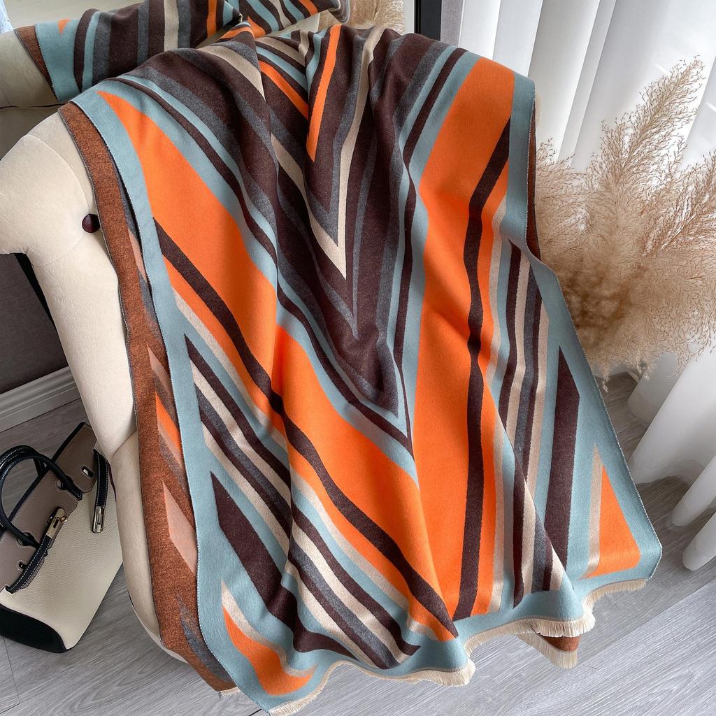 Imitation Cashmere Scarf Women'S Stripe Warm Scarf Air-Conditioned Room Shawl Double-Sided Multi-Purpose Factory