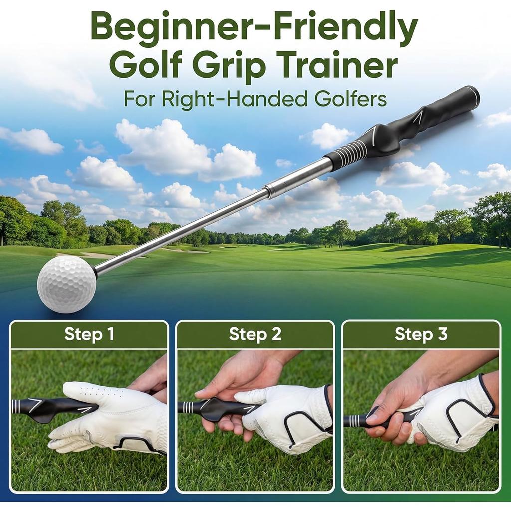 Retractable Golf Swing Trainer, Telescopic Practice Club with Click Feedback, Right-Handed Ergonomic Grip & Arm Band, Grip/Posture Correction