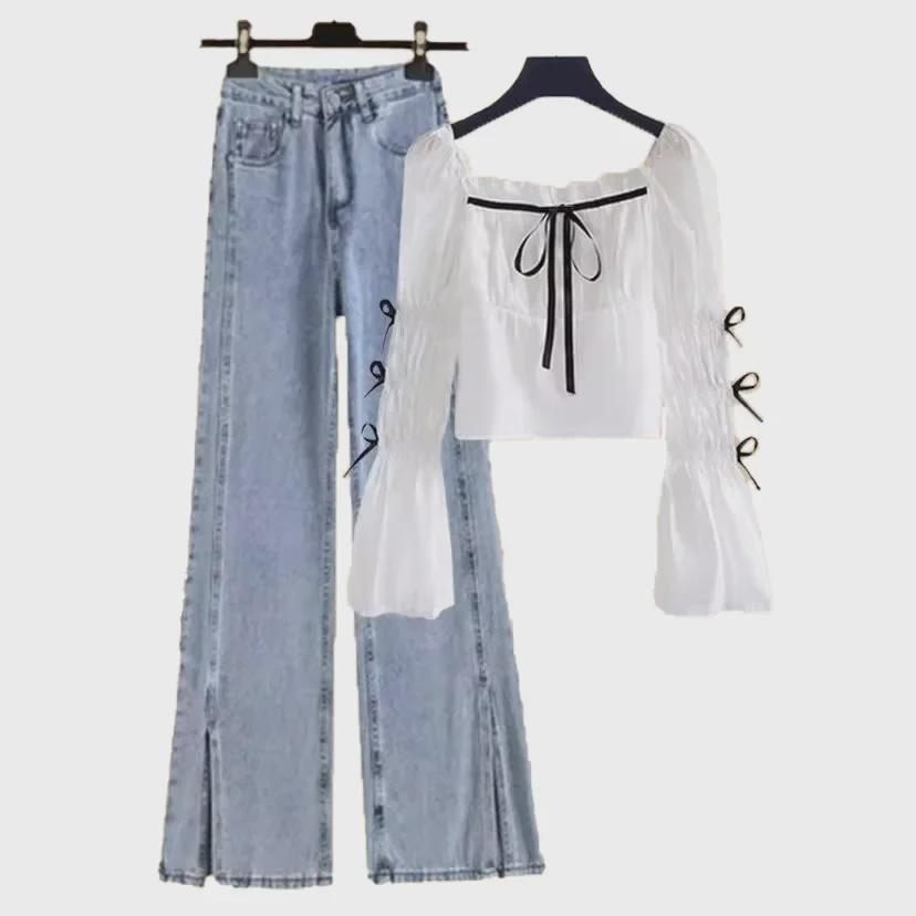 2023 Costum de primăvară pentru femei de mărimi plus: Set de slăbit din două piese cu cămașă și blugi despicați