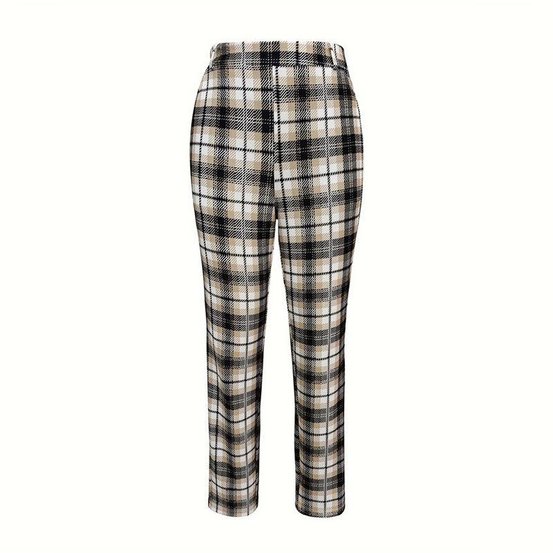Women s pants spring and summer elegant classic plaid printing elastic waist casual suit pants commuter pants S