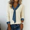 Damen S V-Ausschnitt Fake Two-Piece Gestricktes Patchwork Langarm Top