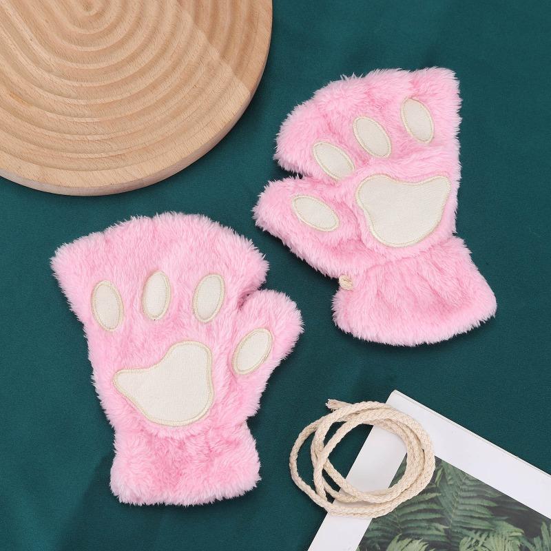 Cartoon cat claw gloves women's winter cute girl bare finger thickened warm bear paw plush half finger gloves