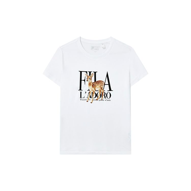 FILA Casual Round Neck Letter Deer Print Liquid Ammonia Short Sleeve T-Shirt Women T-Shirts Standard-White F11W238108F-WT S