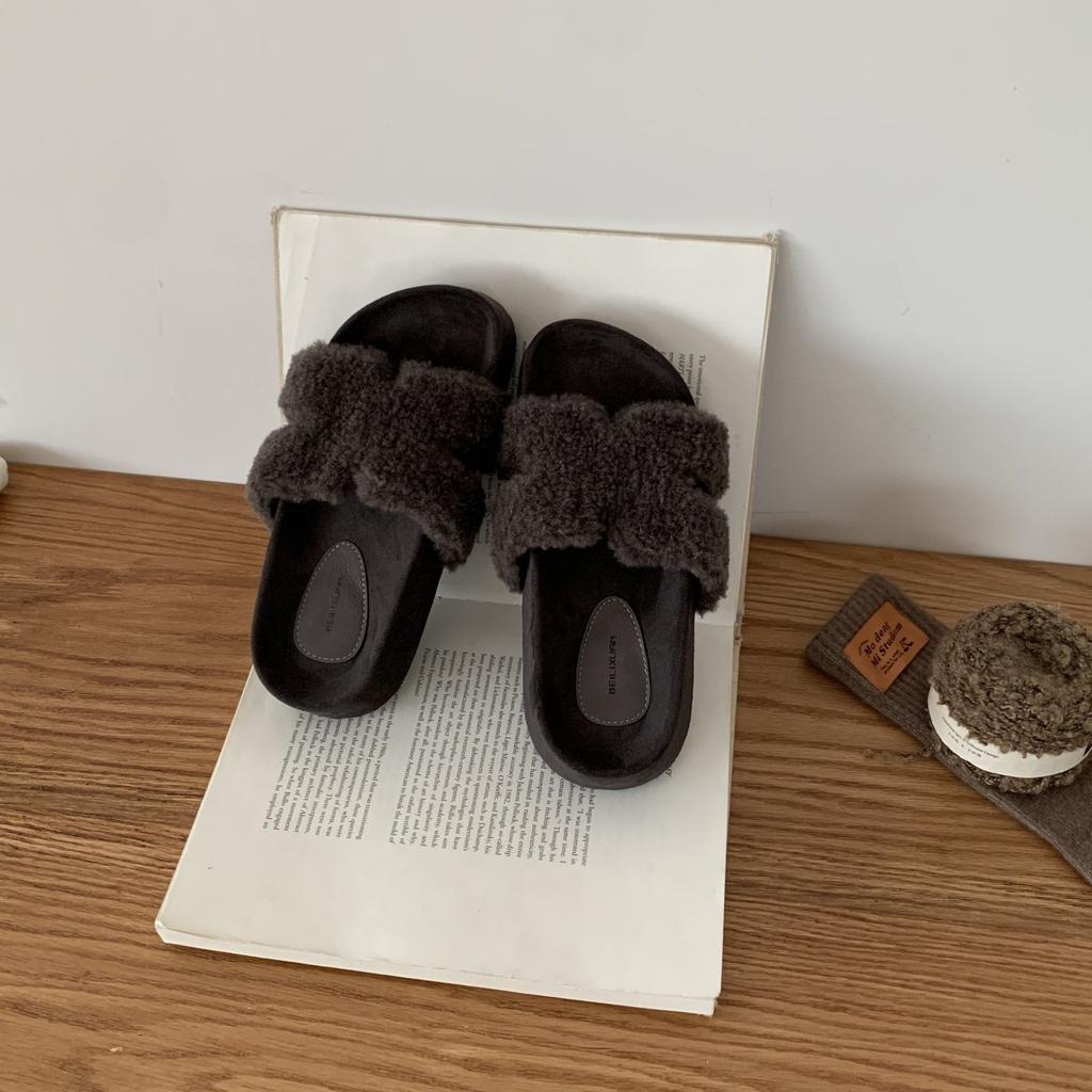 BEILIXUAN Koreansk version av ett ord med Mao Mao-skor för kvinnor hösten 2025, de nya Xiaoxiangfeng-temperaments tofflorna med tjock sula