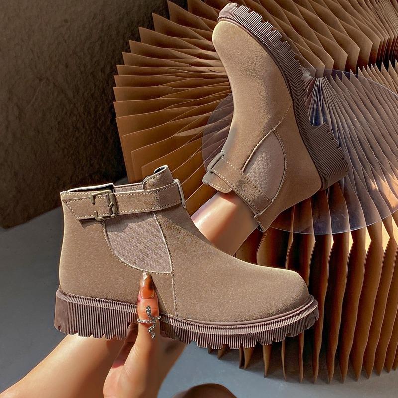 Damenschuhe 2024 Übergröße Knöchel Damenstiefel Plateau Moderne Stiefel Damen Schnalle Runde Zehenpartie Mittelhoher Absatz Slipper Damenschuhe