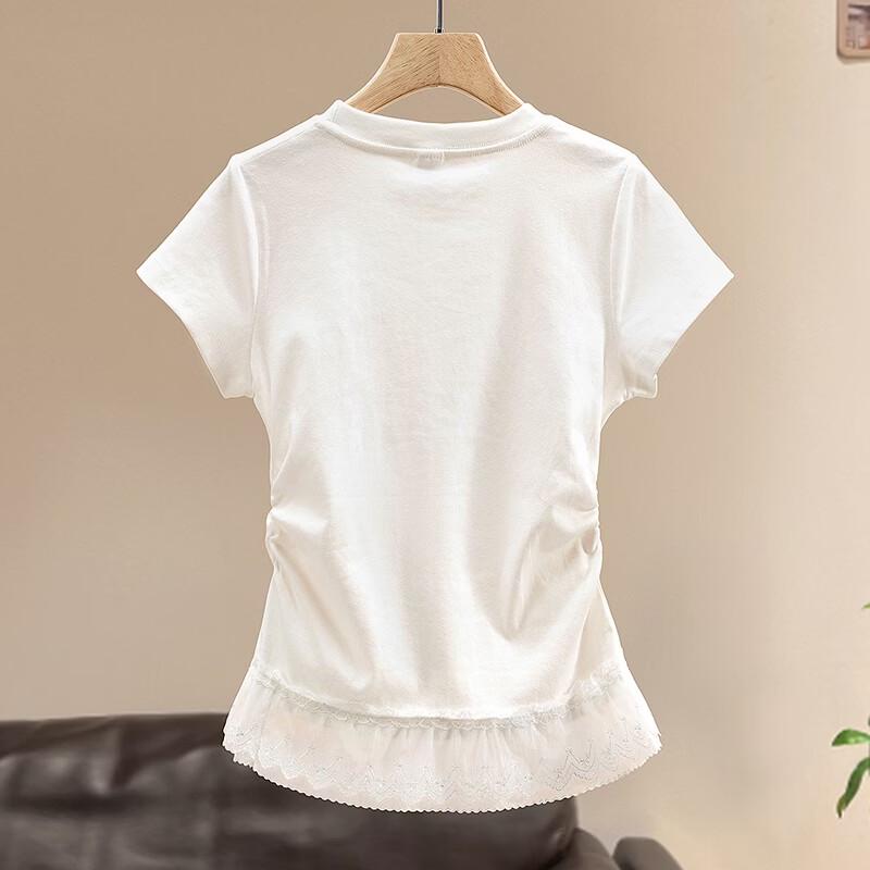 Women's Sweet Lace Hem Short Sleeve T-shirt