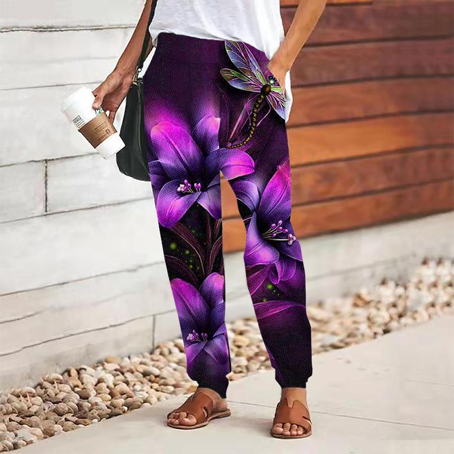 Damen Hose mit Blumendruck zum Schnüren Elastischer Bund Weite Hose Lässige Lange Hose Hose mit Taschen