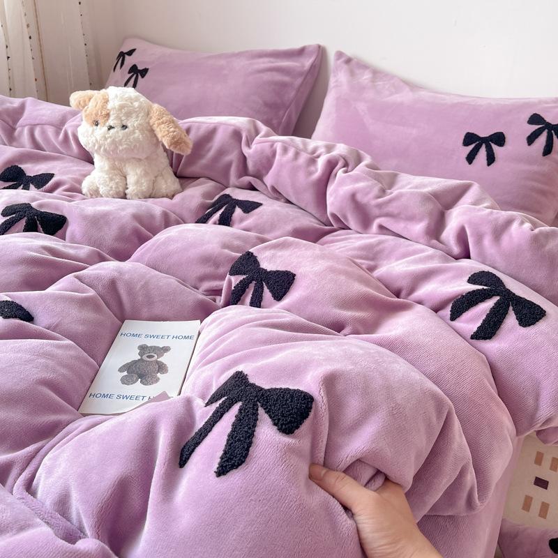 Bow High Gram Weight Thickened Milk Fleece Towel Embroidery Four-Piece Set Bed Sheet Quilt Cover Bedding Three-Piece Set