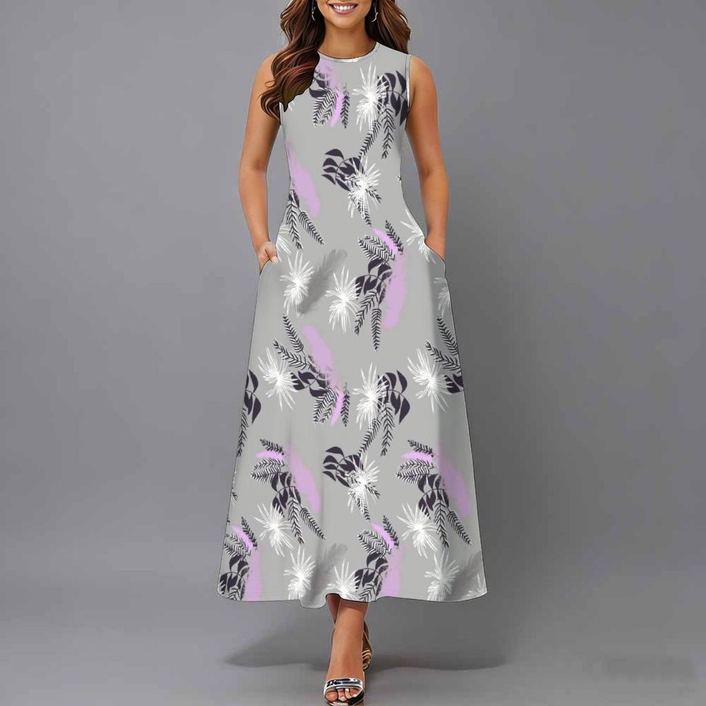 Plus Size Women Sleeveless Crew Neck Dress Beautiful Flower Printed Loose Long Dress For Summer Street Wear