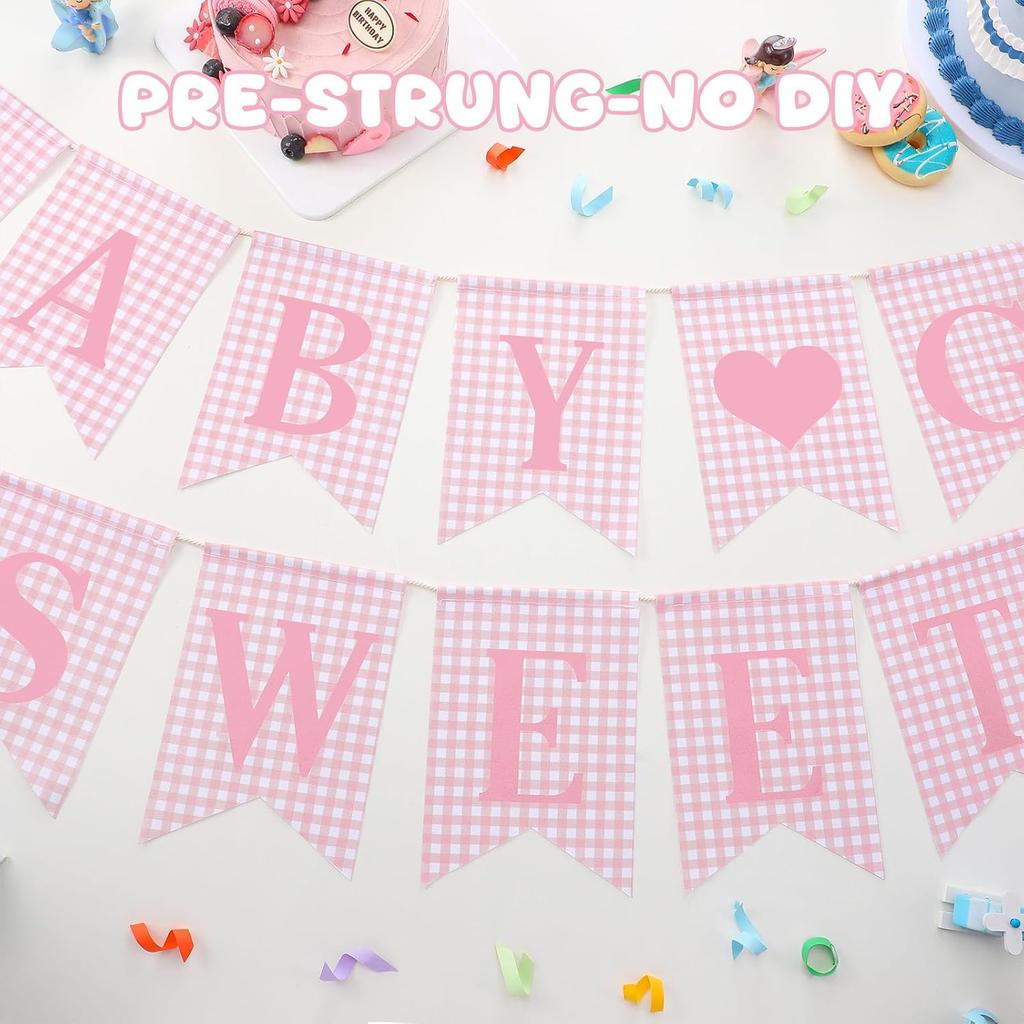 2 Pcs Pre Strung Pink Gingham Sweet Baby Girl Banner Pink Girl Baby Shower Banner Decorations for Gender Reveal Party Decor Supplies Table Wall