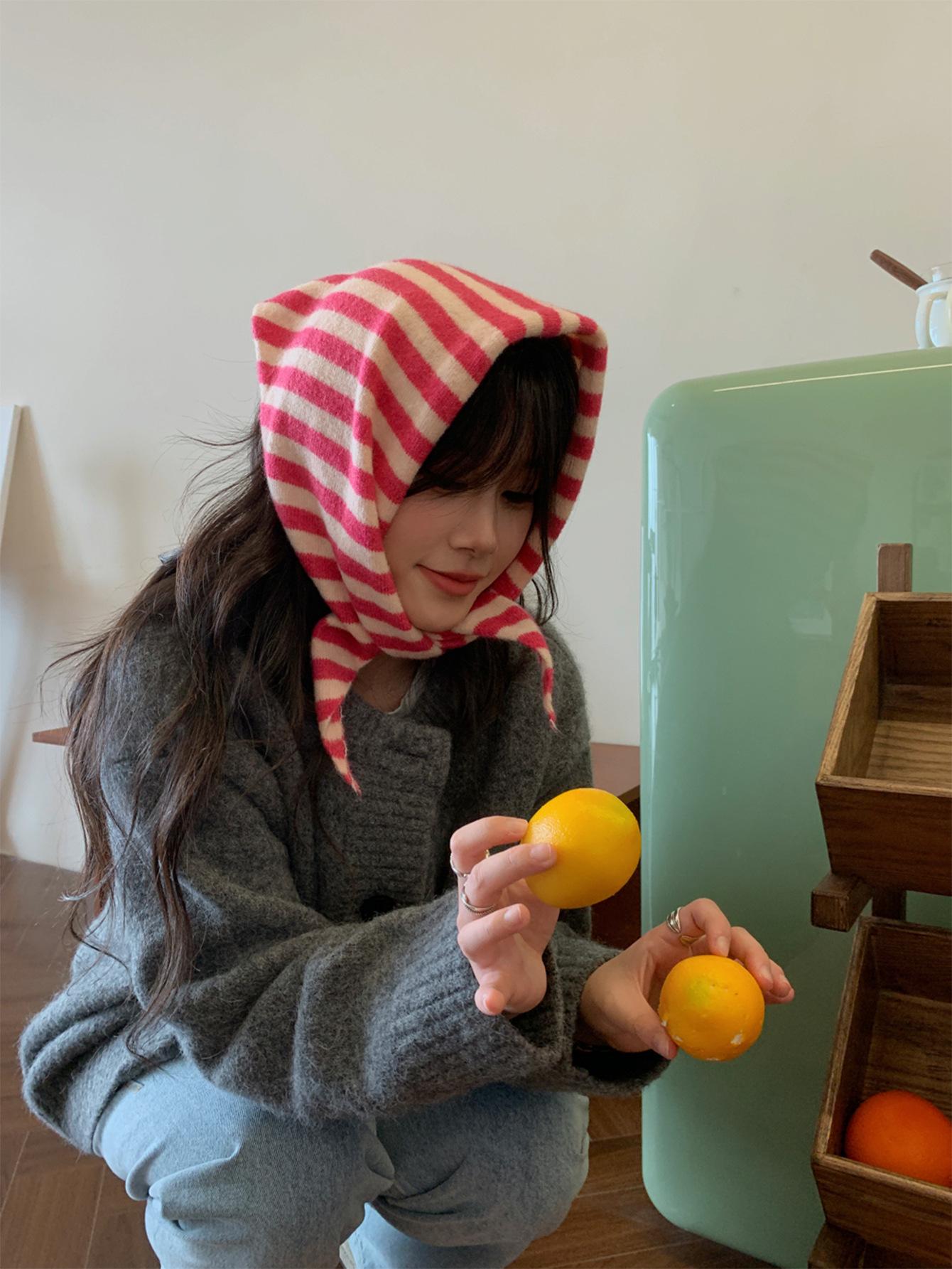 

Шерстяной шарф-треугольник в полоску в корейском стиле: Колледж, универсальный, теплый протектор шеи 33x95cm розы красного/бежевый