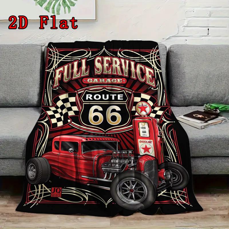 Vintage Route Classic Car 2D Flat Pattern Flannel Blanket High Quality All Seasons Warmth and Comfort Perfect for Christmas Gifts.