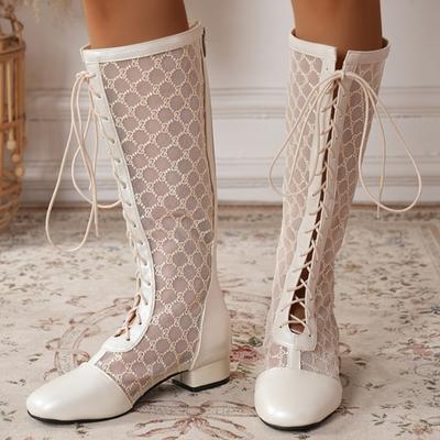 Spring Summer Women's Knee High Boot Zipper Casual Low Heels Mesh Breathable White Black Ladies Party Long Shoes Breathable