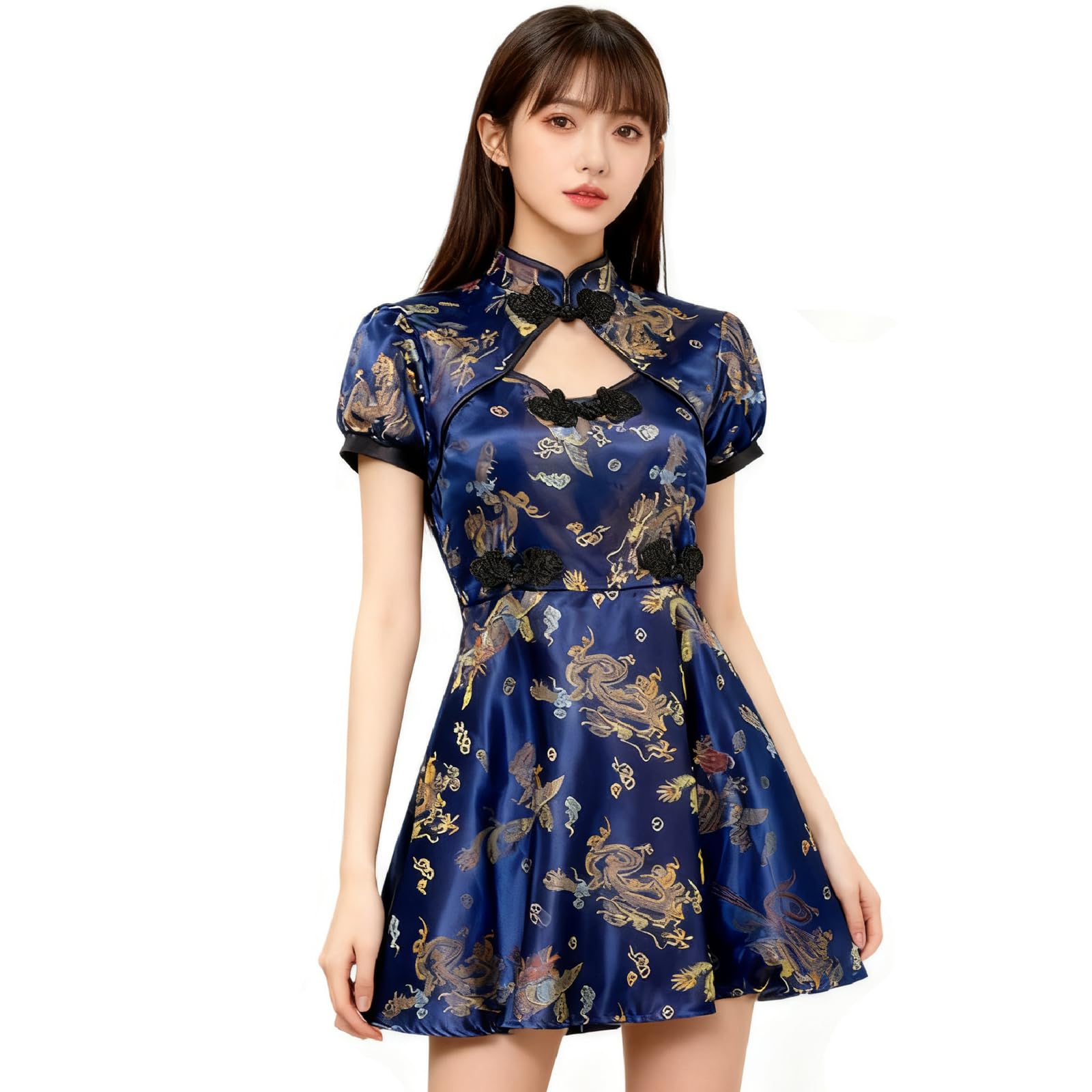 

Ии-гог Хэллоуин Ципао с принтом Дракона и Феникса в китайском стиле, короткое ципао, костюм для косплея для женщин, милый костюм на Хэллоуин (L, Темно-синий)
