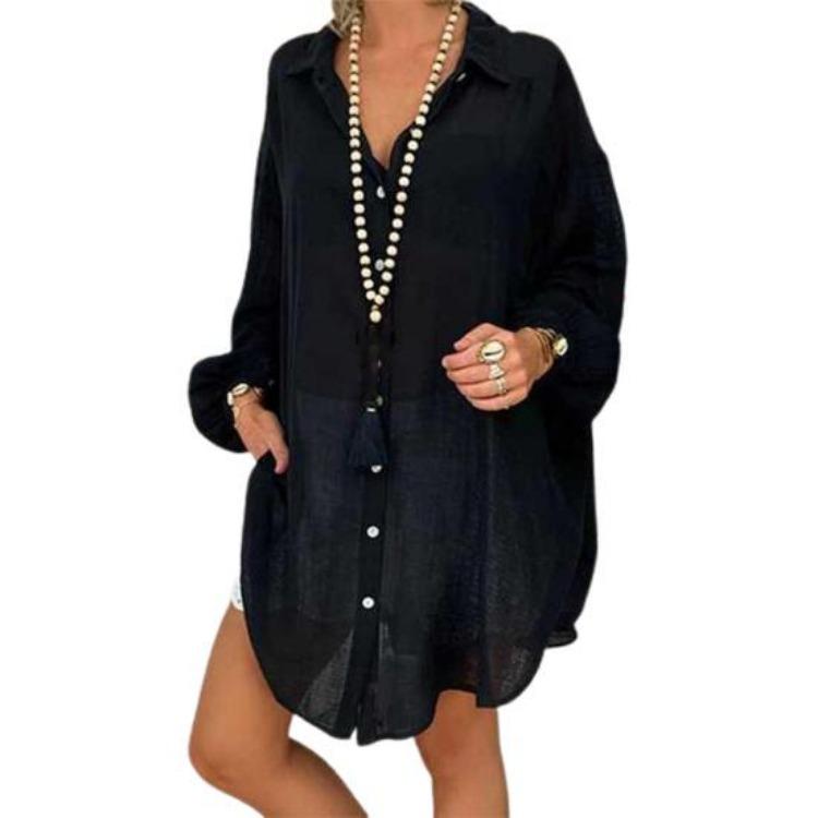 Casual Loose Lapel Shirt Solid Color Single Breasted Lady Party Wear