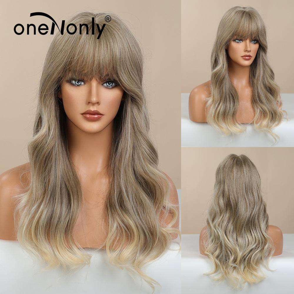 OneNonly Synthetische Perücken für Frauen, blonde Perücke mit Pony, langwellige Perücke, natürliches Haar, hitzebeständige Faser
