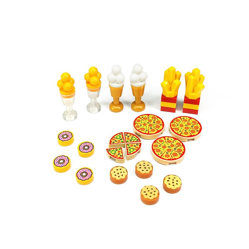 Stadt Lebensmittel Bausteine Küchenzubehör Hamburger Pizza Pommes Kuchen Schokolade Kekse MOC Steine Spielzeugkorb Teile LEDUO