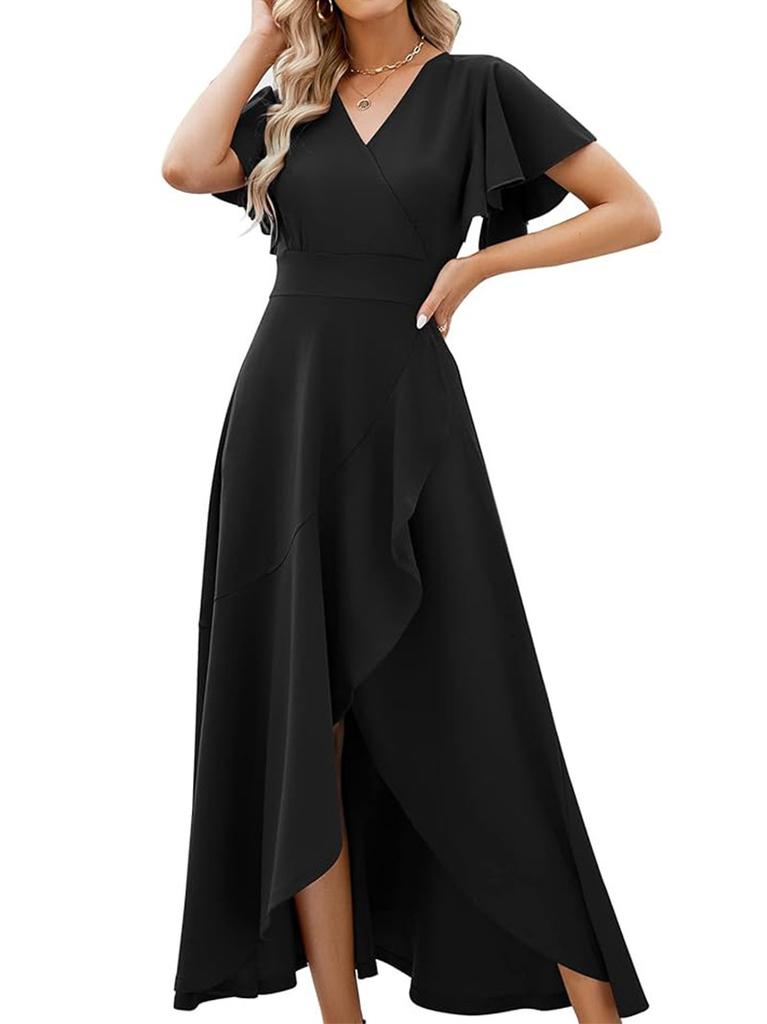 Women's lotus leaf sleeve V-neck temperament elegant evening dress European and American spring and summer waist dress