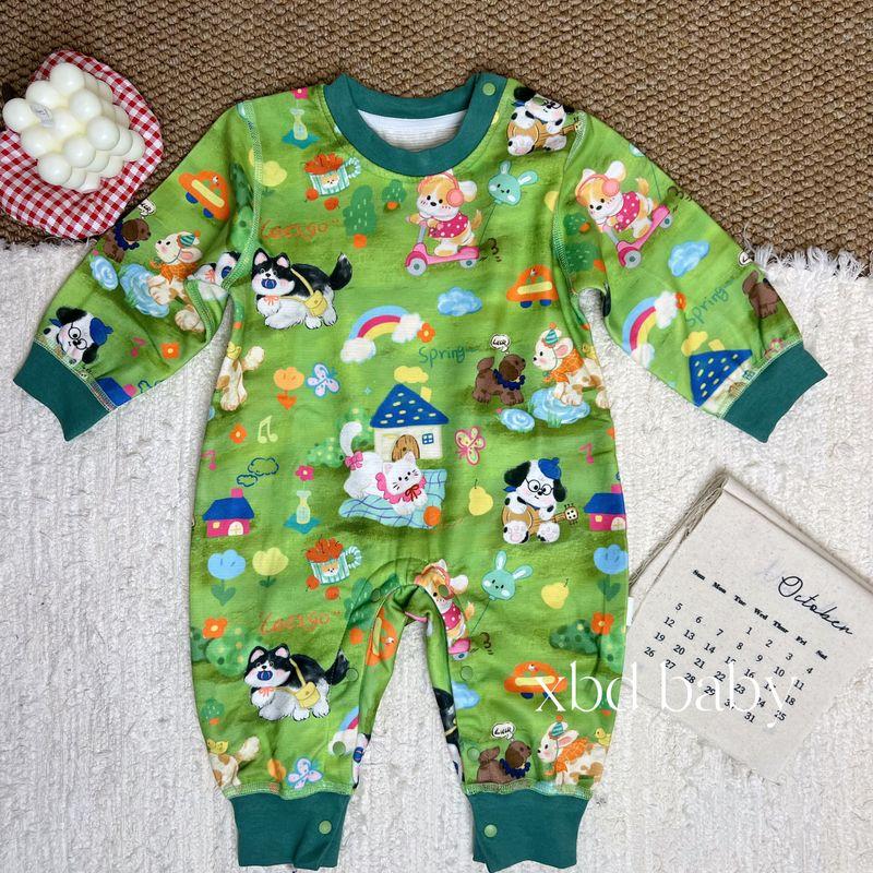 New Cute Cartoon All-Over Print Warm Romper Made of Cashmere, Silk, and Cotton, One-Piece Romper 2025 New Model Green Dog 100
