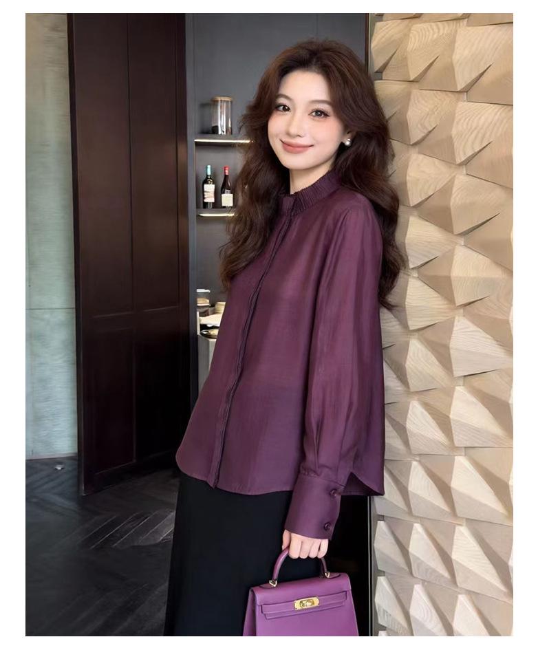 Rongtai Women's 2026 Spring Tencel Glossy Stand Collar Shirt