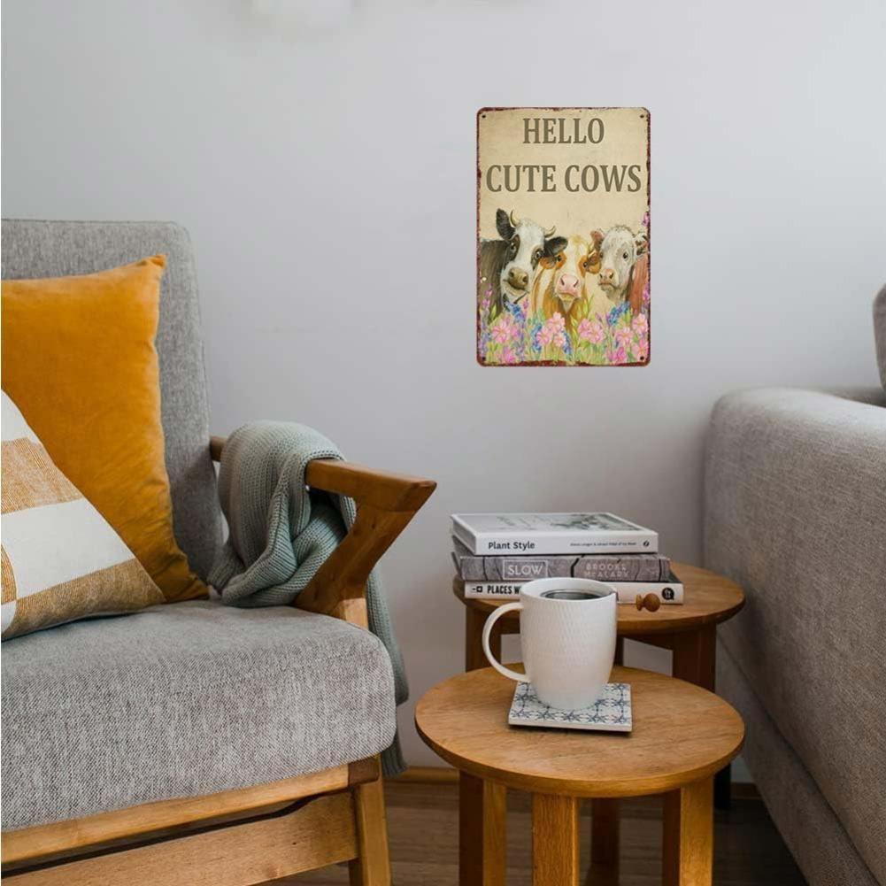Vintage Metal Sign Hello Cute Cows Decorative Sign Aluminum Wall Art 12x8inch for Farmhouse Kitchen Bedroom Office Signs