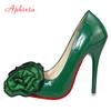 Fashion Aphixta Dark Green 12cm Stiletto Heels Women Pumps Rose Flowers Appliques Work Student Size Colorful Party Shoes Big Size 33-50