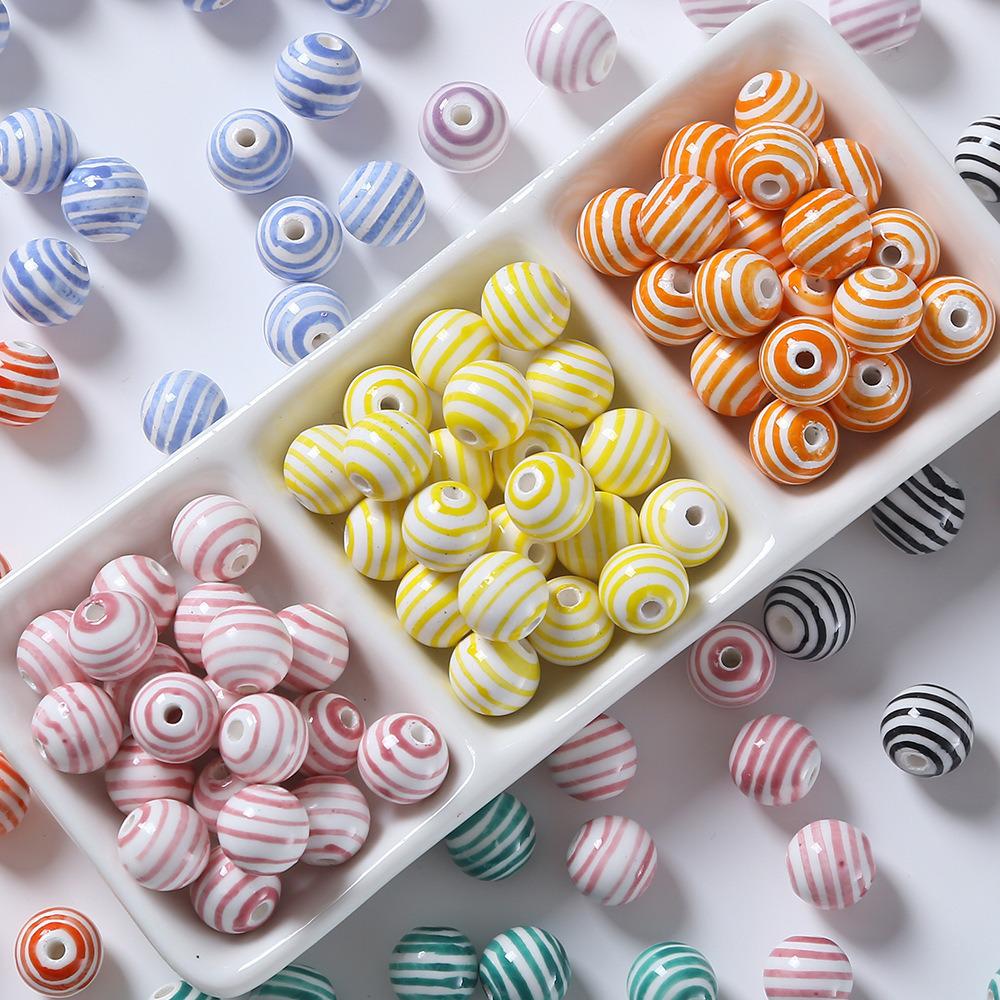 Children's Multicolor Striped Ceramic Round Beads for Handmade DIY Bracelets and Accessories.