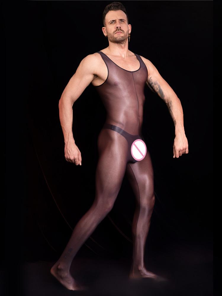 Unisex Vest Open Crotch Bodysuit Oil Glossy Shiny Lingerie Sheer See Through Bandage Smooth Sexy Tights Elastic Shaping Leotard
